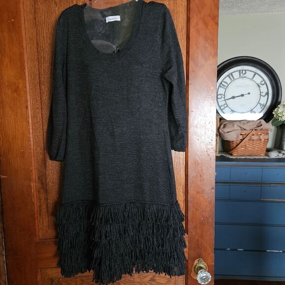 Calvin Klein Gray Wool-Blend Fringe Sweater Dress Women’s Size M or L Casual - Picture 1 of 10